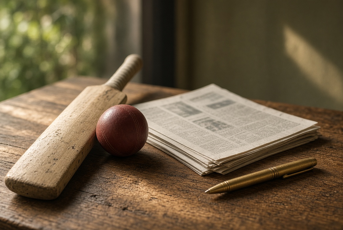 A cricket bat, ball and a newspaper on a wooden table