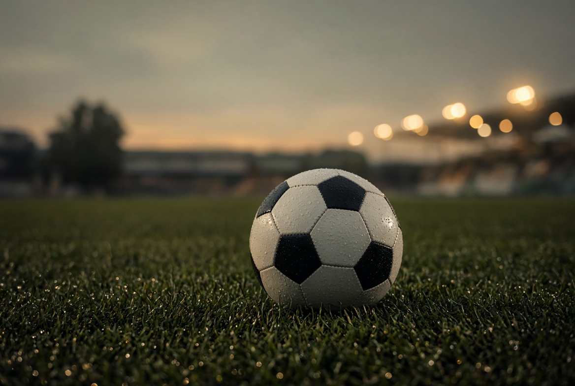 A football on a wet pitch at dusk